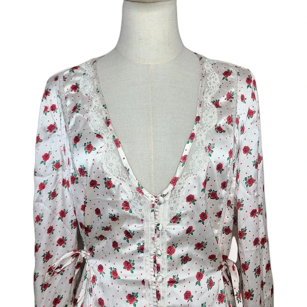 Free People Field Of Roses Satin Lace‎ Top L Cream Red Coquette Peasant Blouse